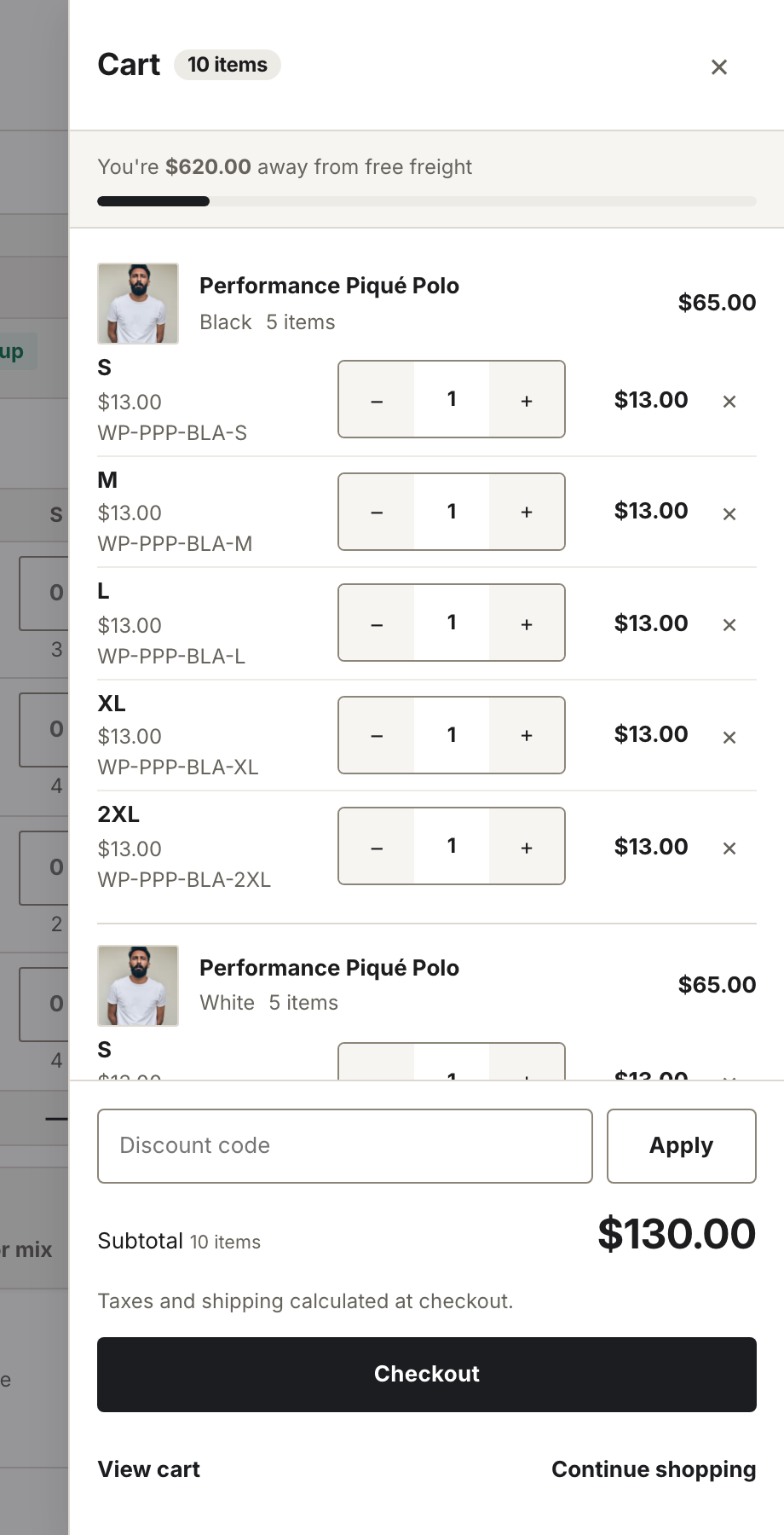 The cart drawer grouping one product into size sub-rows