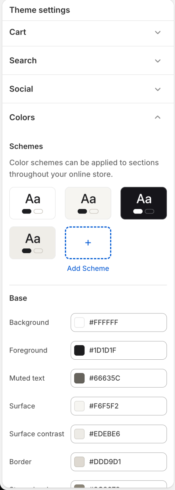 Theme settings → Colors: the color schemes list above the global swatches