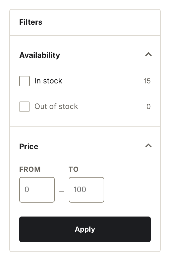 The filter panel open beside a collection, with color swatches and price fields