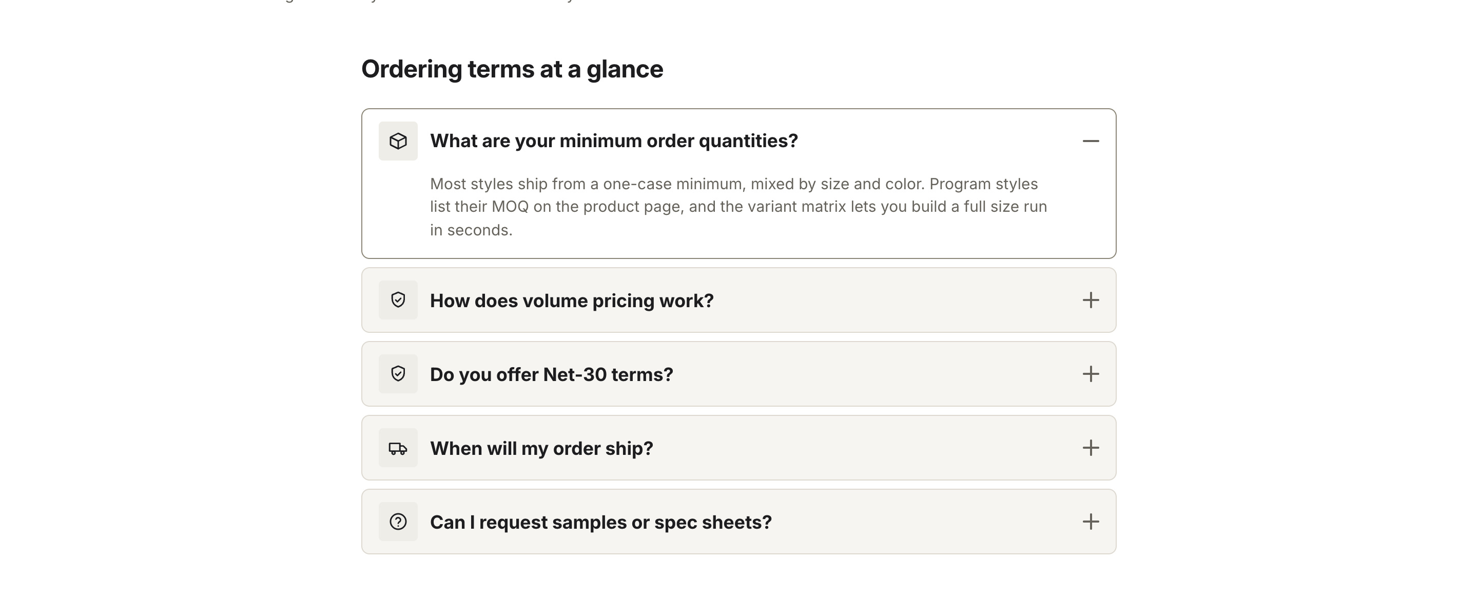 An accordion of wholesale FAQ rows on a content page