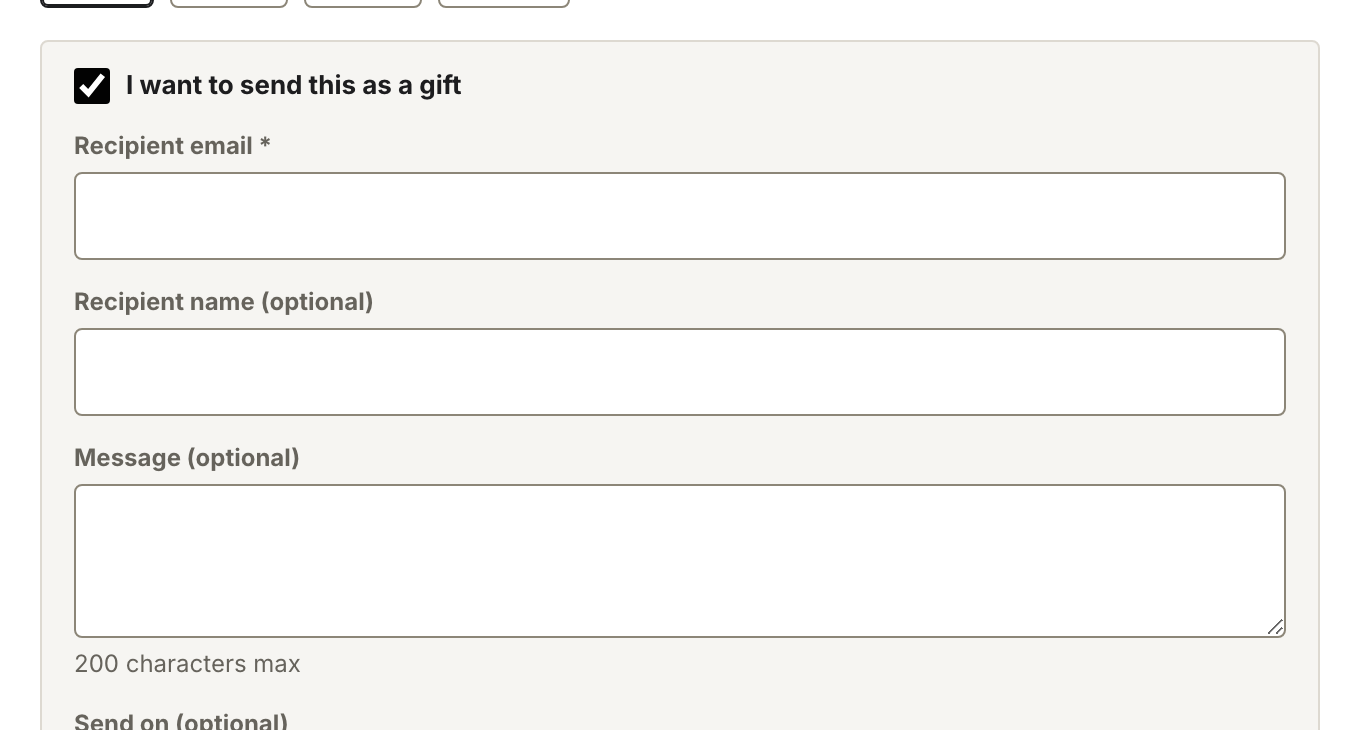 The gift card recipient form with the send-as-a-gift box ticked and fields showing