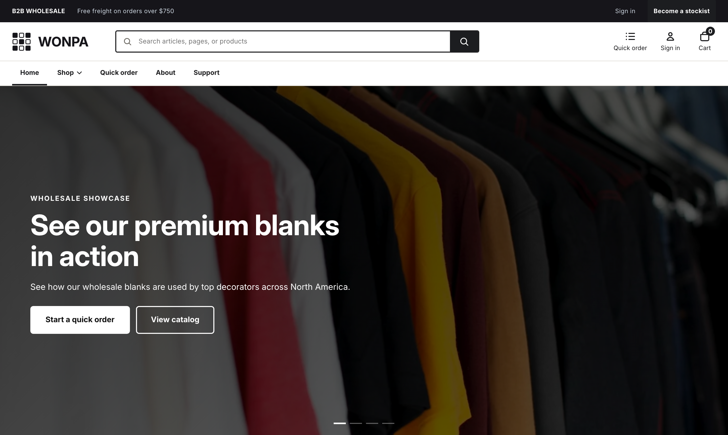 The Wonpa demo homepage hero with wholesale pricing eyebrow and case-pricing headline