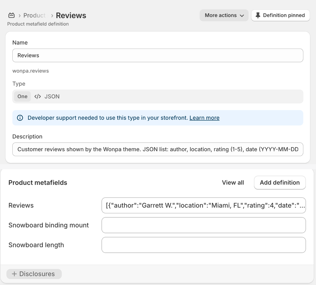 The wonpa.reviews metafield definition, and a product with the JSON value filled in