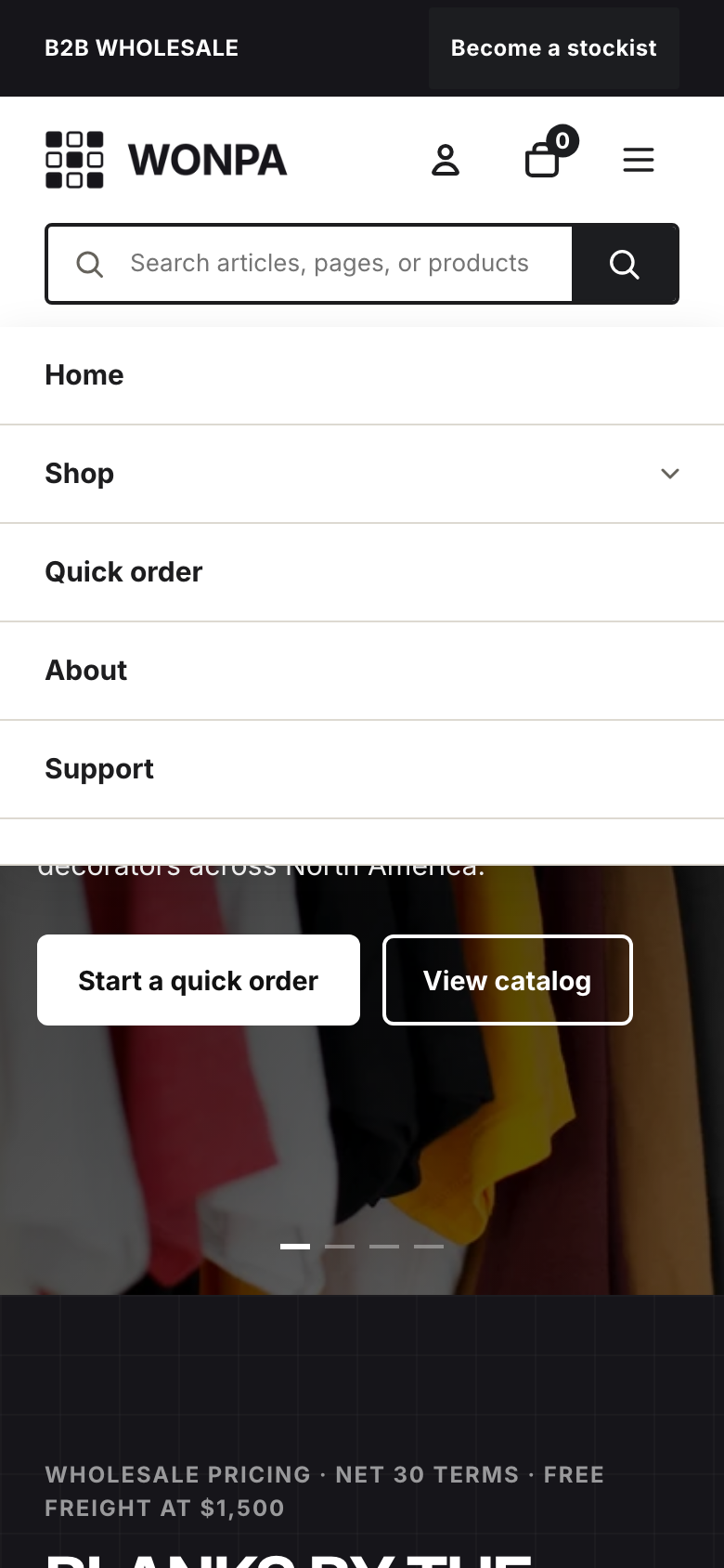The mobile menu drawer open, showing top links and an expanded accordion row