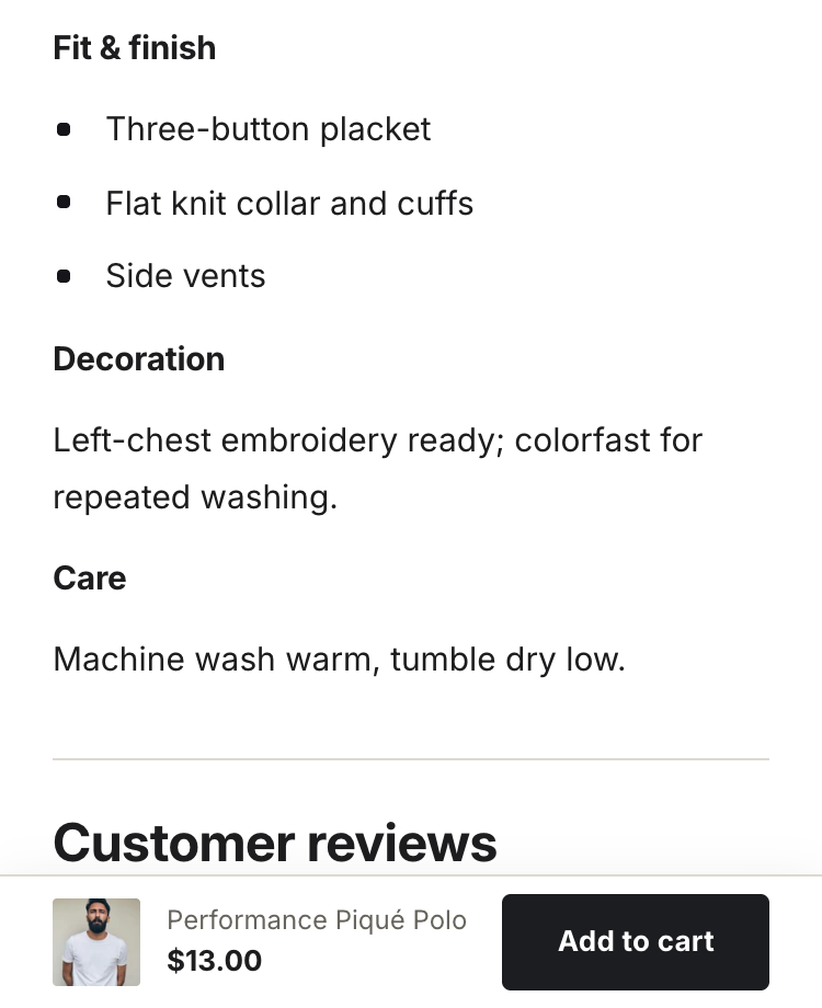 The product page on a phone, with the sticky add-to-cart bar docked at the bottom