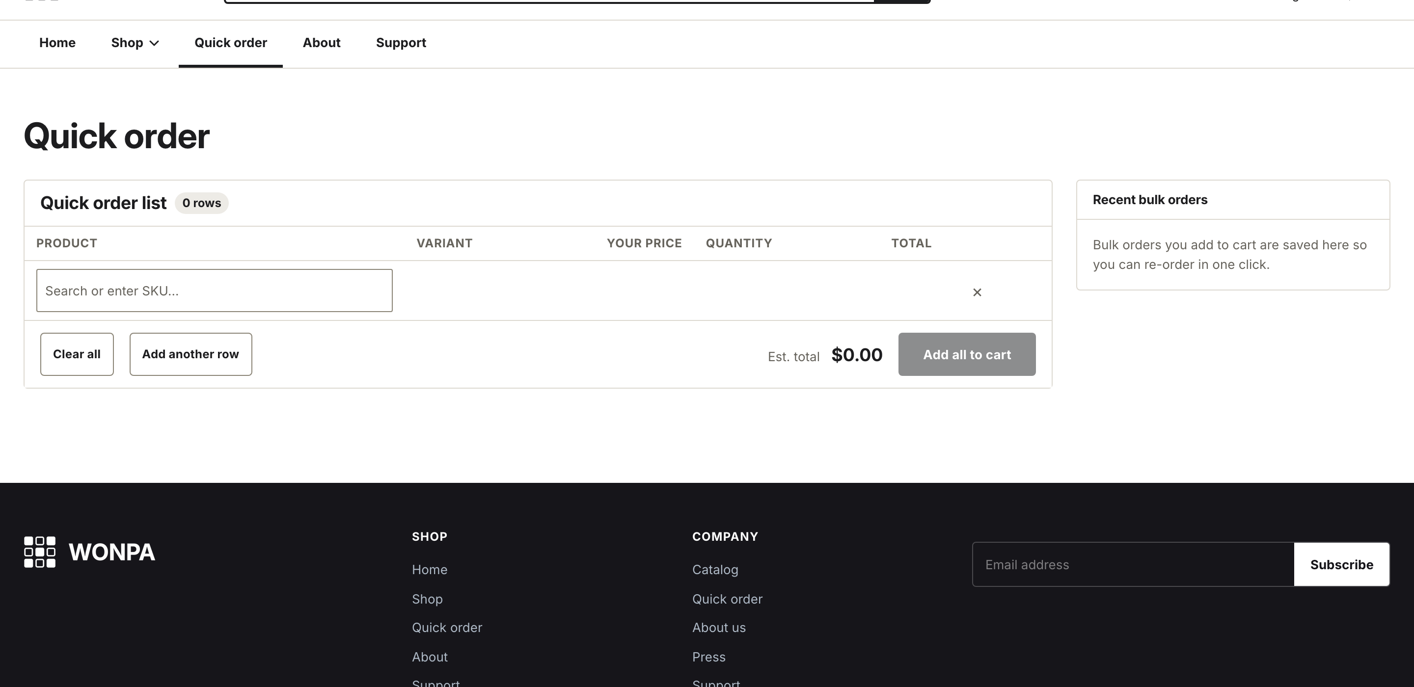 The quick order workbench with several product rows and an estimated total