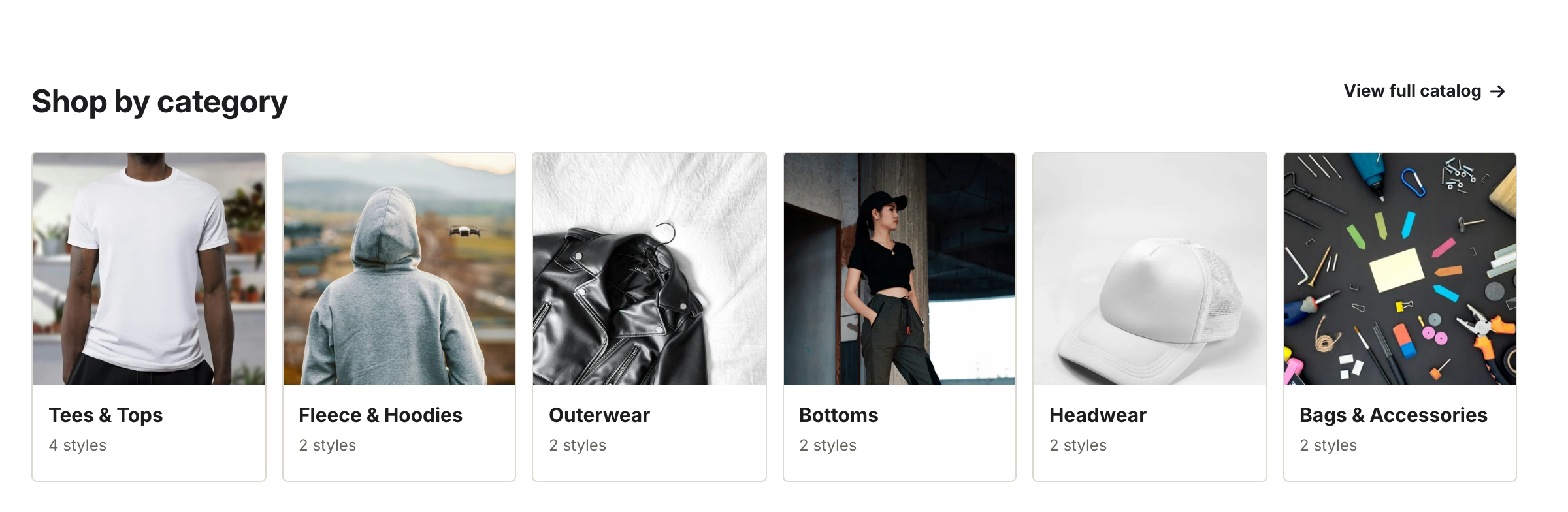 A row of six collection tiles, each showing a photo above the collection name and its product count