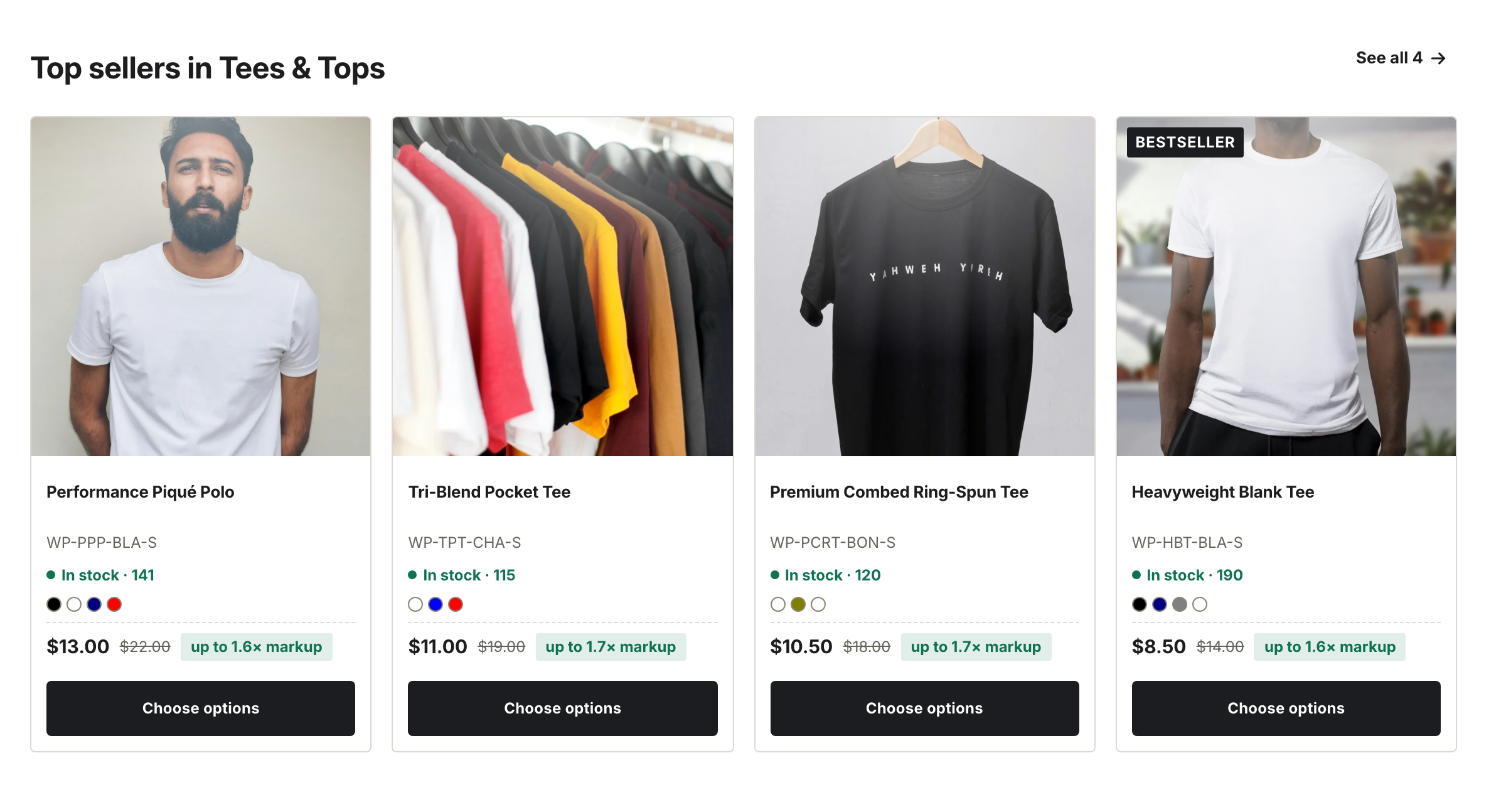 Product cards from one collection laid out in a four-column grid beneath a heading