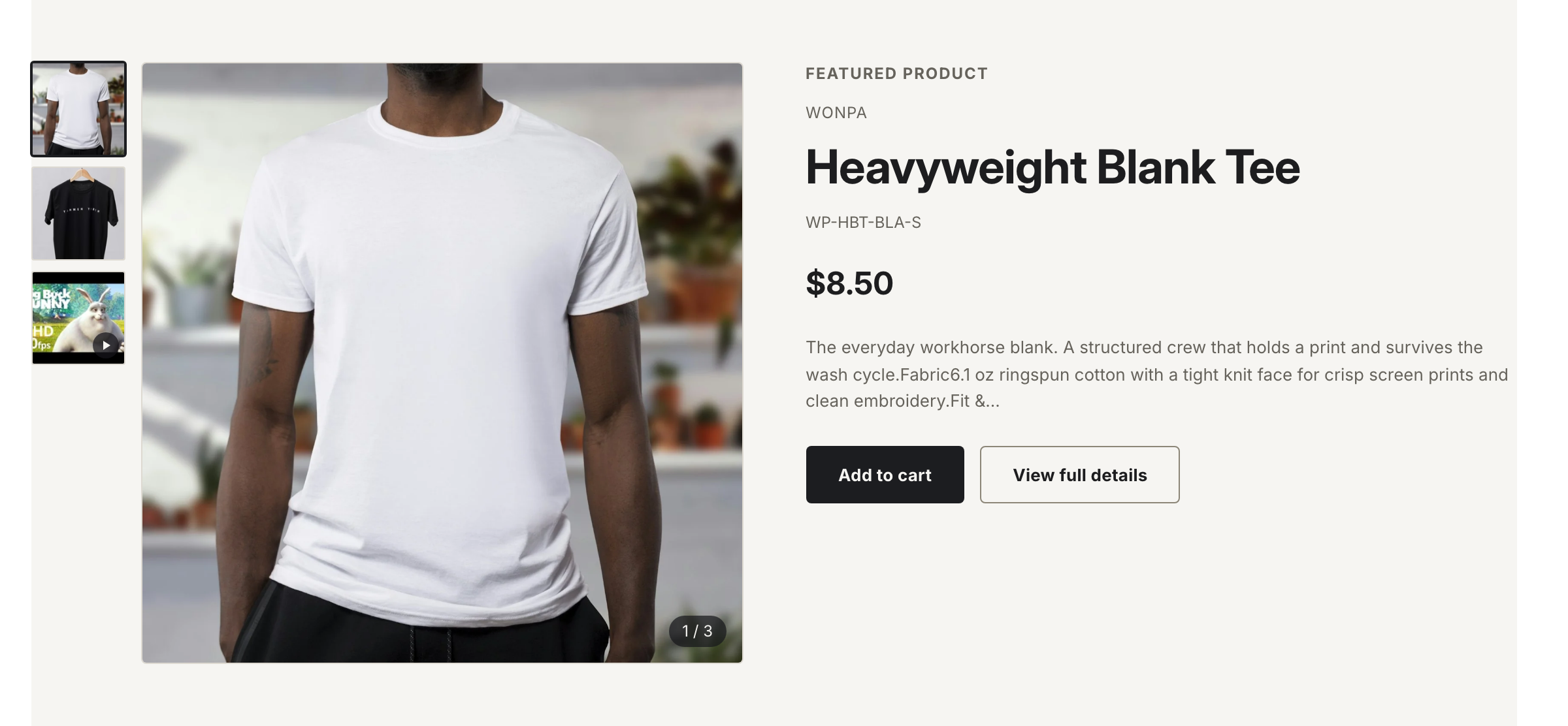 A product gallery with thumbnails on the left, and on the right the vendor, title, SKU, price, a truncated description, and Add to cart and View full details buttons