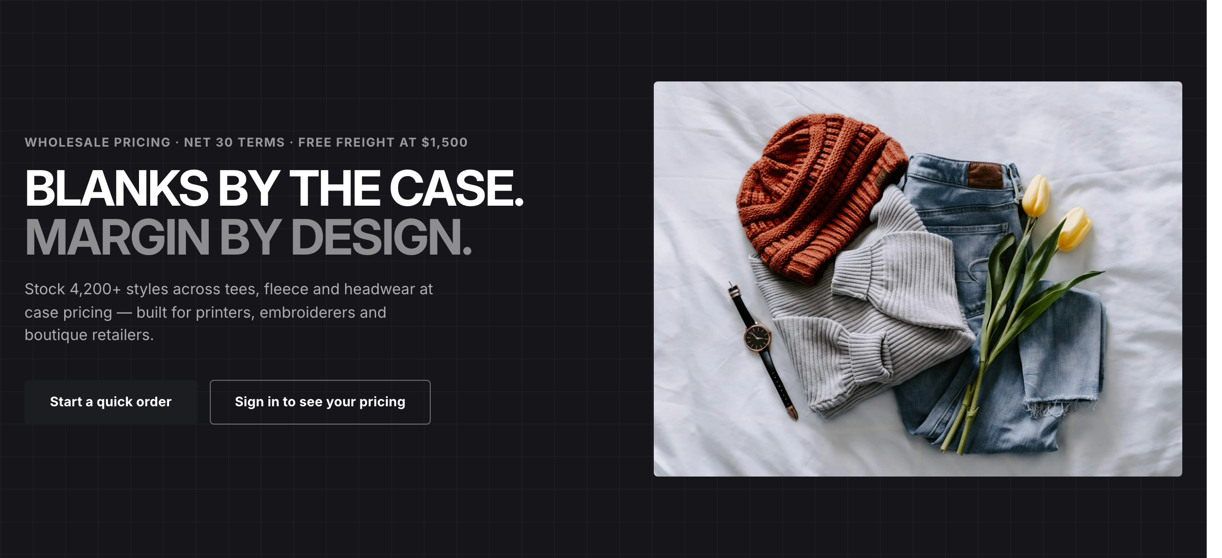 The Hero section: an eyebrow, a two-line heading, body copy and two buttons on the left, a product image on the right