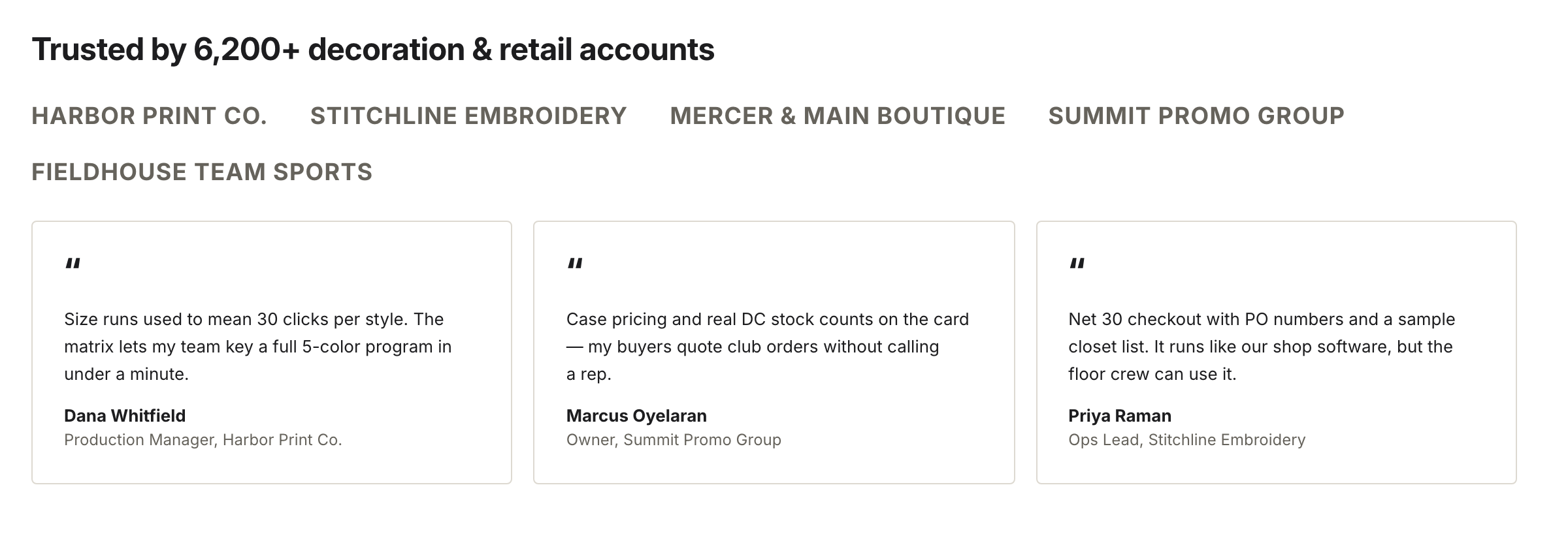 A heading, a row of five client names in caps, then three quote cards each ending in a name and job title