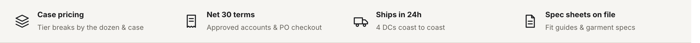 A single row of four trust items, each an icon above a bold heading and a line of smaller text